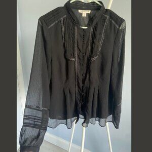 Elegant Women's Medium Coldwater Creek Black Lace & Pleats Lined Button Blouse